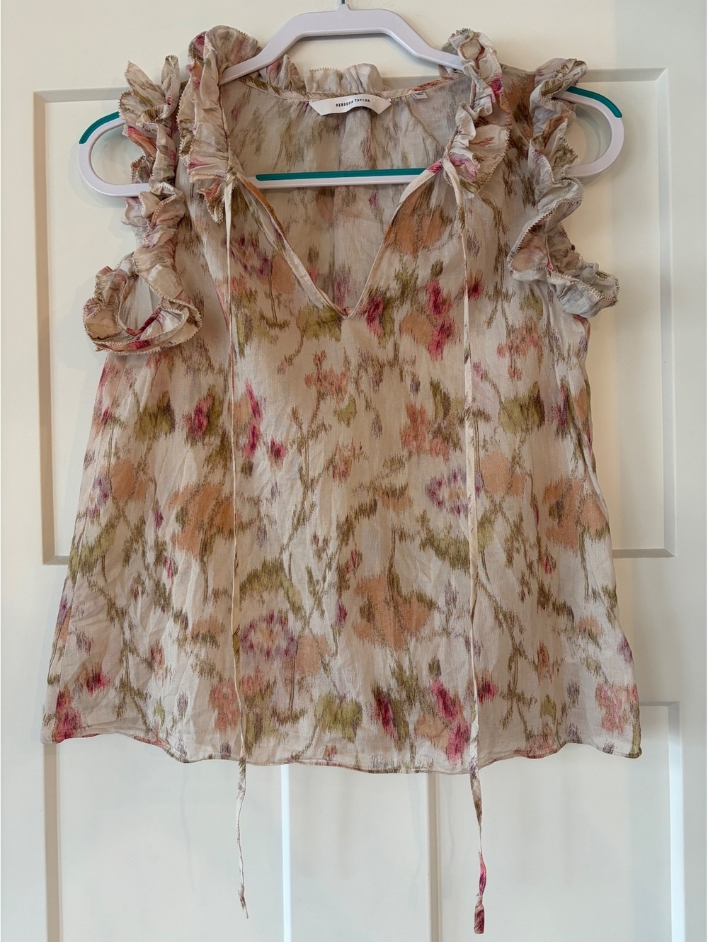 Rebecca Taylor Floral Ruffle Tie-Strap Top — Cream Floral, XS